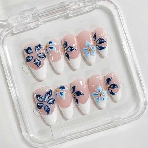 BRKYKGK Medium Almond Press on Nails with 3D Floral Design - Style18