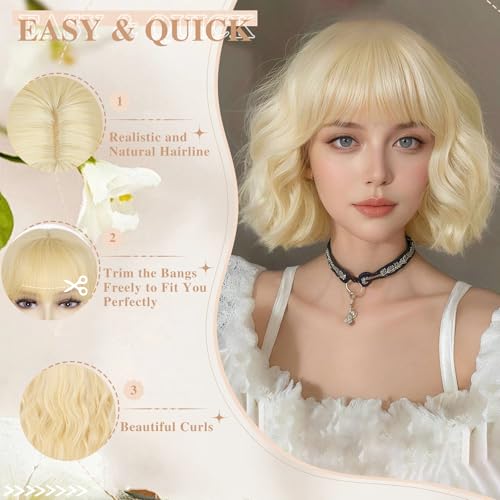 NAYOO 14-Inch Short Blonde Bob Wig with Bangs - Synthetic Heat-Resistant