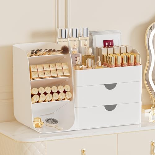 Large Makeup Organizer for Vanity with Drawers and Brush Holder, White