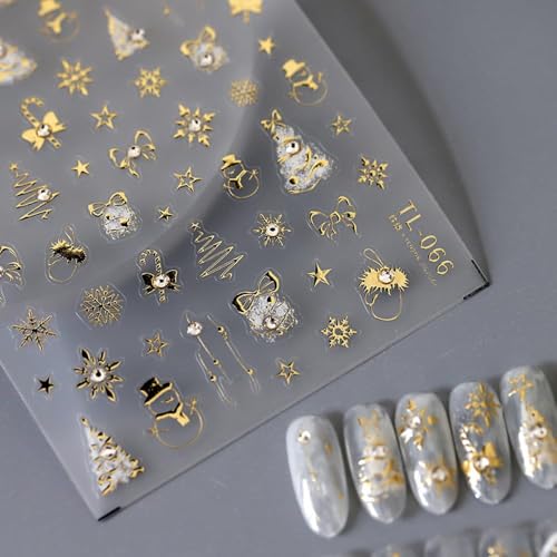 Pretty Diva Gold Christmas Nail Stickers 3D Xmas Nail Art with Rhinestones & Charms