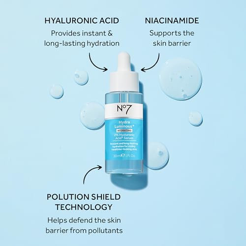 No7 HydraLuminous+ Hyaluronic Acid Serum 1 Fl Oz - Deep Hydration & Skin Barrier Support