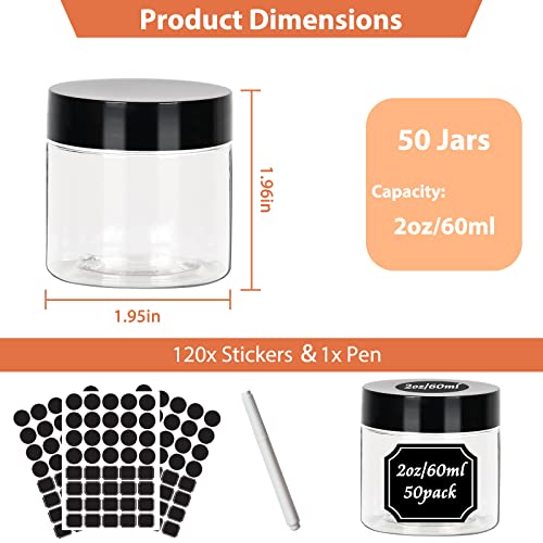 Betrome 50pcs 2 oz Clear Plastic Jars with Black Lids