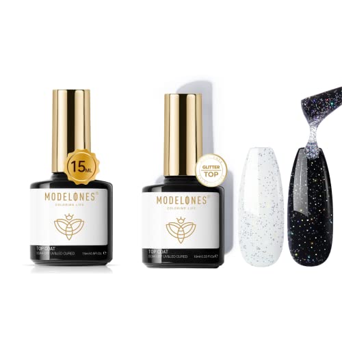 Modelones Iridescent Silver Glitter Gel Top Coat - 15ml No Wipe Shiny Finish