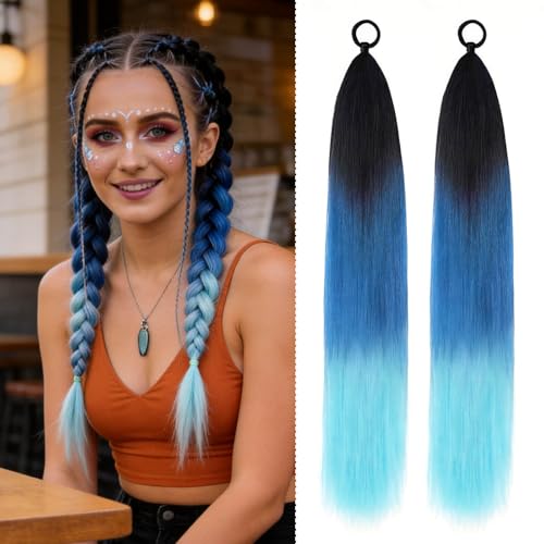 Charsun 26 Inch Black/Blue Light Blue Synthetic Ponytail Hair Extensions with Elastic Tie 2 Pack