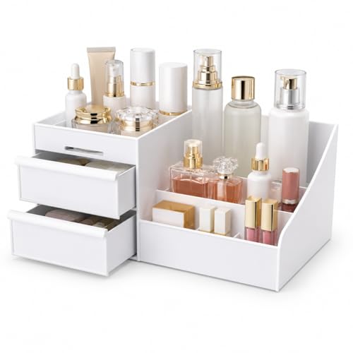 White Makeup Organizer with 2 Drawers & 7 Compartments for Cosmetics & Skincare