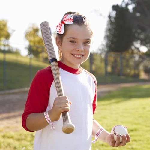 JiaDuo White-Red 2PC Baseball Hair Bow Clip & 6PC Elastic Hair Ties Girls Cheer Accessories