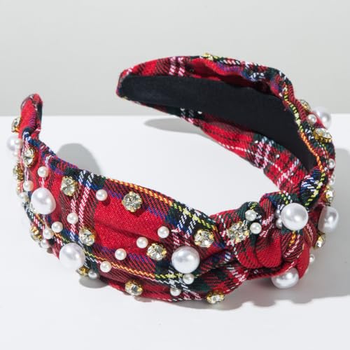 Villorem Red Buffalo Plaid Christmas Headband with Pearls & Rhinestones - One Size, 2 Pack