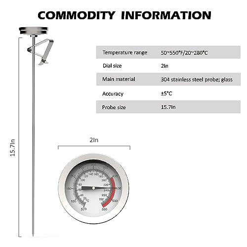 Stainless Steel Deep Fry Oil Thermometer with 12" Probe & Clip