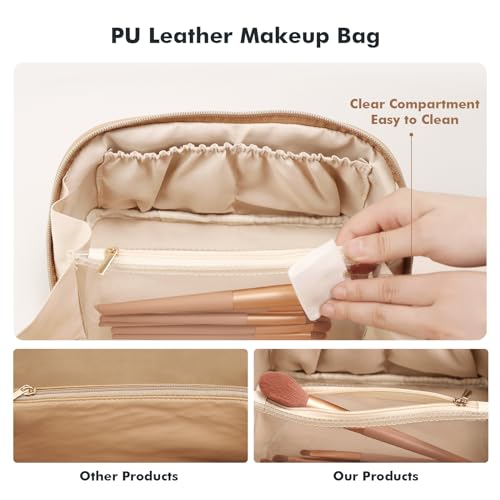Prite Large Travel Makeup Bag, Waterproof Vegan Leather Cosmetic Organizer