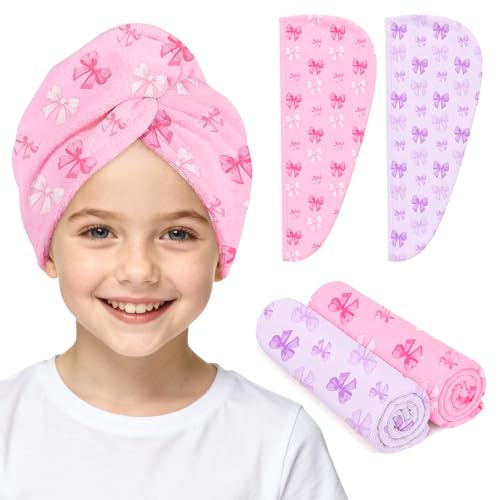 Microfiber Hair Towel Wrap for Kids - Quick Drying 2 Pack with Cute Bow Design