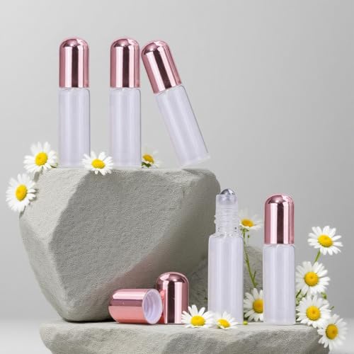 Clear Glass Essential Oil Roller Bottles 5ml Pack with Rose Gold Caps, Mini Refill Vials