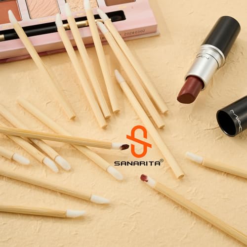 SANARITA 100Pcs Disposable Lip Brush Applicators with Bamboo Handles Makeup Tools