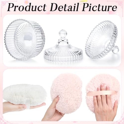 Pink & White Body Powder Puff Set with Glass Container - 6.5in