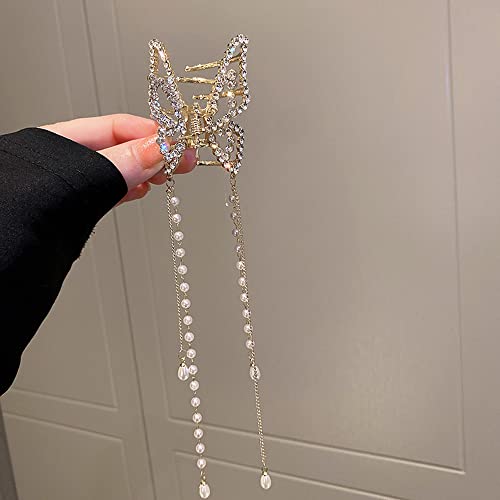 Gold Butterfly Hair Claw Clip with Pearl Chain Tassel - Elegant Hair Accessory for Women & Girls