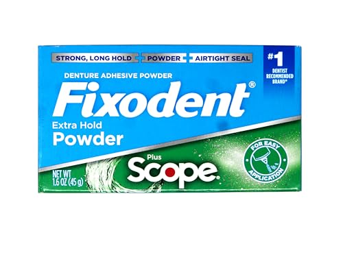 Fixodent Denture Adhesive Powder Plus Scope, Extra Strong Hold, 1.6 oz (3 Pack)