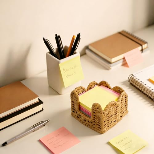 Premium 3x3 Inch Sticky Note Holder - Woven Paper Dispenser for Desk