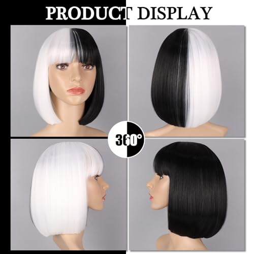 Short Black and White Bob Wig with Bangs for Cosplay and Halloween