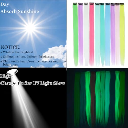 Glow-in-the-Dark Clip-In Hair Extensions | 20-Inch Rainbow Synthetic Hairpieces for Festivals