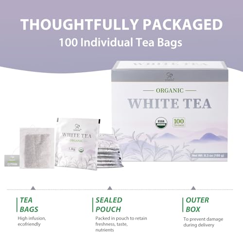 Soeos Organic White Tea - 100 Individually Wrapped Tea Bags, Low Caffeine, Smooth Floral Flavor