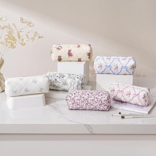 Two Pack Floral Cotton Makeup Bags for Women - Pink & Blue Travel Cosmetic Organizer