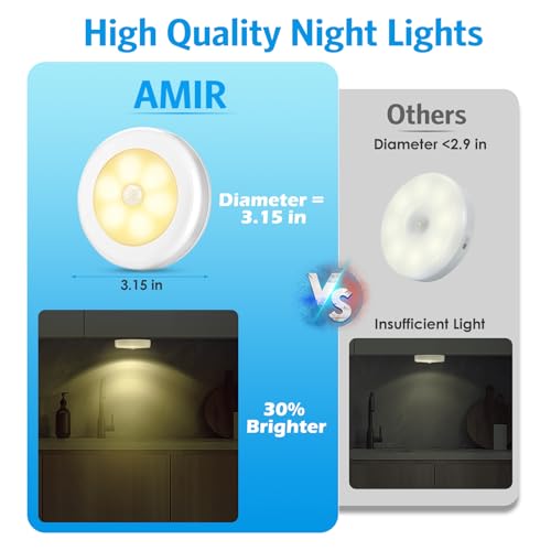 AMIR Motion Sensor LED Night Light - Cordless & Battery Powered, Warm White, Pack of 6
