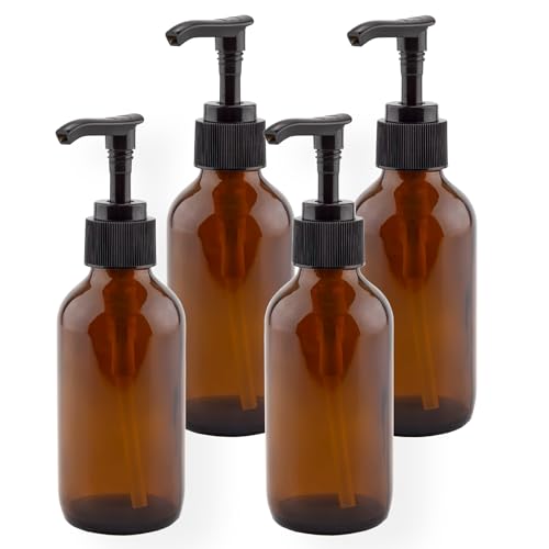 4oz Amber Glass Pump Bottles (4-Pack) - Boston Round Soap Dispenser