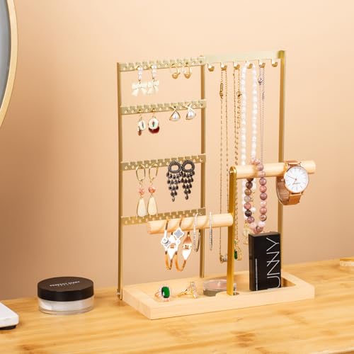 Gold Jewelry Organizer Stand - 4 Tier Earring Holder with Necklace Hooks