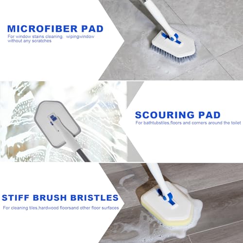 Adjustable 3-in-1 Tub Scrubber Brush with Long Handle & 3 Heads