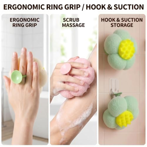 Sycrotoy 4-Pack Sunflower Bath Sponges, Exfoliating Shower Pouf with Suction