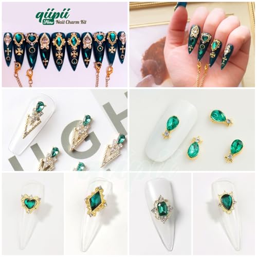 qiipii Luxury Emerald Green Nail Charms - 24pcs Heart & Rhinestone Gems Box