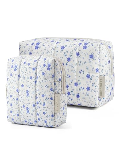 BAGSMART Puffy Makeup Bag Duo Set, Large & Small - Blue Ditsy Floral