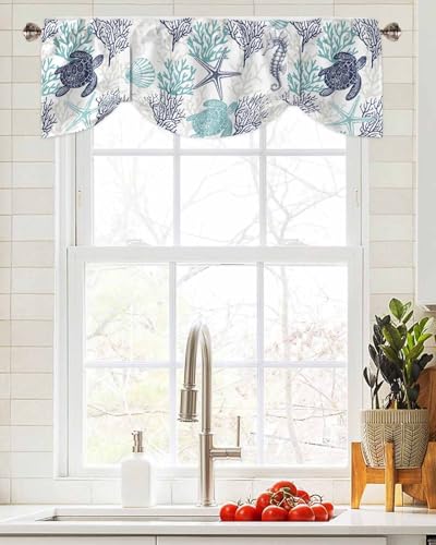Coastal Tie Up Valance Curtains - Teal Blue 54"x18" for Kitchen & Bathroom
