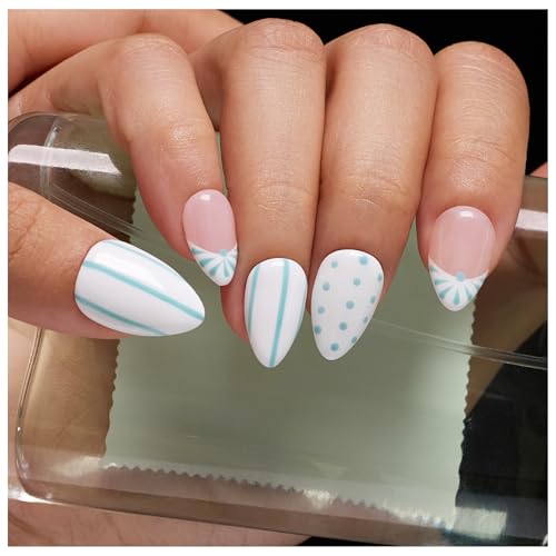 Polka Dot & Stripe French Short Almond Press On Nails MOKAYIMO 45-Day Wear Kit
