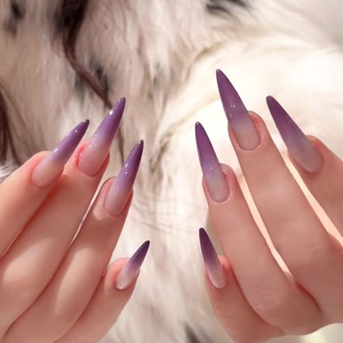 MERVF Purple Ombre French Tip Fake Nails F6504-Purple Long Stiletto Press-On