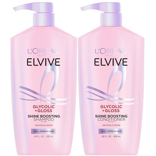 L'Oreal Paris Elvive Glycolic + Gloss Shine Boosting Shampoo and Conditioner Set, Cleanses and Smooths Dull, Porous Hair Into High-Shine, Glossy Hair, 56 Fl Oz Set
