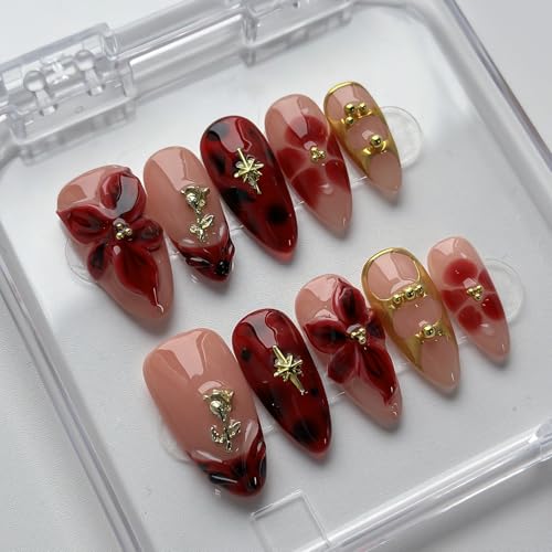 Luxury Medium Almond Press-on Nails - Handmade Red Floral Acrylic Set