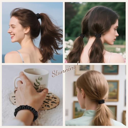 Black Small Mulberry Silk Scrunchies for Thin Hair - 3 Pack