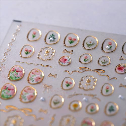 5D Floral Nail Art Stickers with Gold Frames - Self-Adhesive Decals