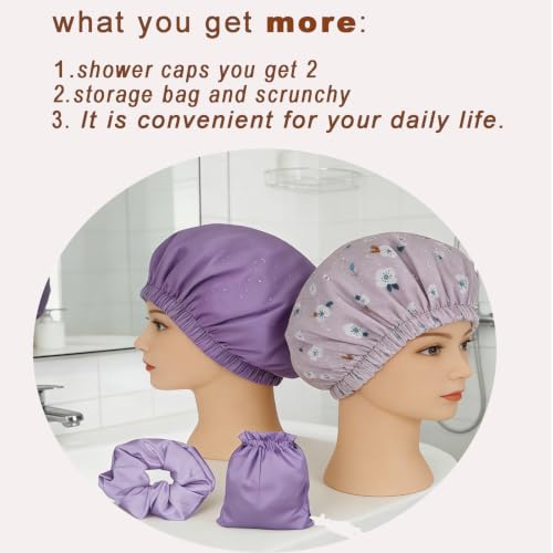 Genergy Large Satin Lined Shower Cap Set - L-Purple & Purple Flower