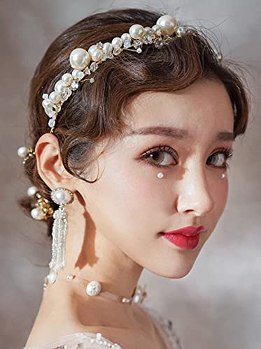 Gold Bridal Headband with Pearls and Rhinestones - Wedding Hair Accessories for Brides and Bridesmaids