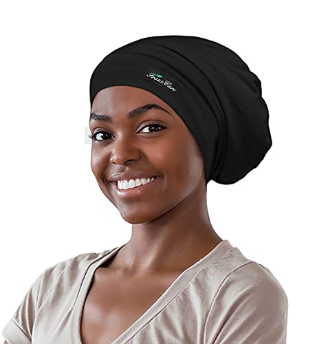 FocusCare Pure Black Satin Lined Sleep Slouchy Cap for Curly Hair
