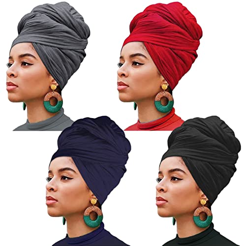 XTREND 4-Piece Stretch Jersey Turban Set - Soft Head Wraps in Black, Dark Blue, Dark Grey, Wine Red
