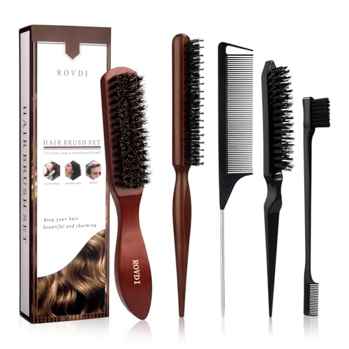 ROVDI 5-Piece Deluxe Boar Bristle Hair Brush & Comb Set