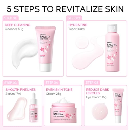 Yasovigi Sakura Skincare Set for Teens & Women - Travel-Friendly 5-Piece Kit with Cleanser, Toner, Serum, Eye & Face Cream