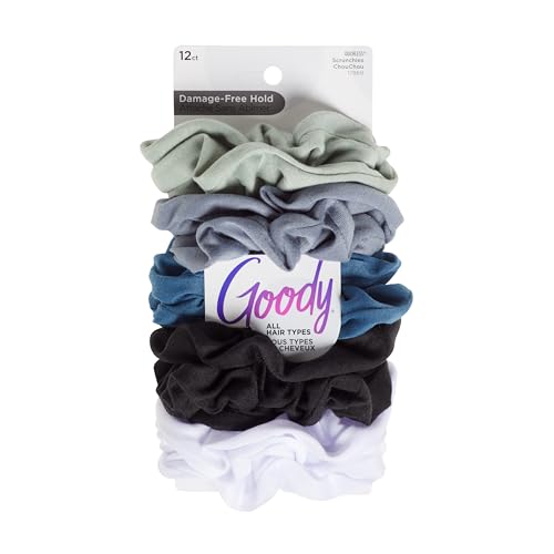 Goody Ouchless Scrunchies for Women & Men - Cool Tones, 12 Pack, Damage-Free Hair Ties