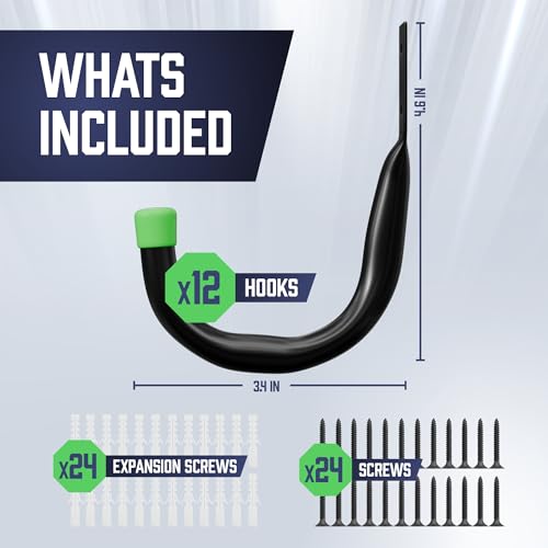 Heavy Duty Garage Storage Hooks - J-Hook Utility Hangers, 12-Pack