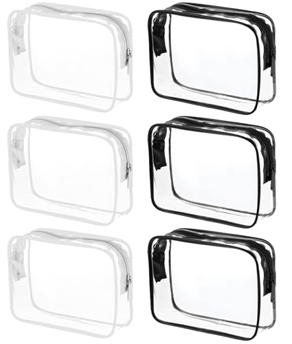 6 Pack Clear Waterproof Makeup Bags - Black & White Toiletry Organizer
