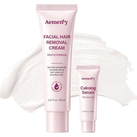 Facial Hair Removal Cream for Women ? Painless 2-in-1 Depilatory Kit with Calming Serum, Gentle Formula for Sensitive Skin, Upper Lip, Chin & Face Hair Remover, Fast 5 Min Smooth, 80ml + 10ml