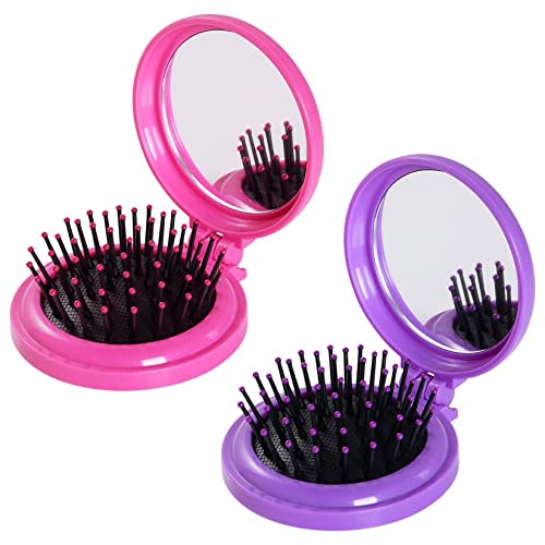 2-Pack Folding Travel Hair Brushes with Mirror - Portable Mini Brushes