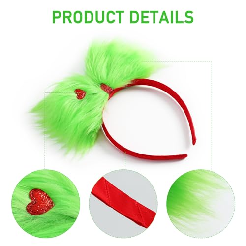 Green Furry Hair Bow Headband for Women - Large Christmas Hair Accessory
